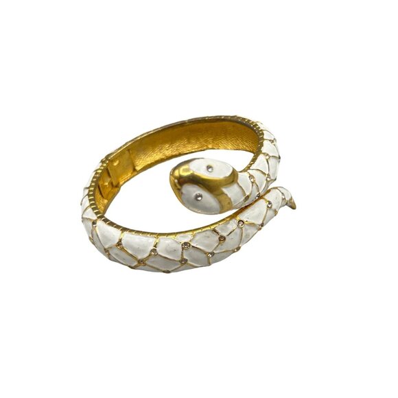 Vintage Boucher White Enamel & Gold Tone Snake Bracelet with Rhinestones - Picture 1 of 8